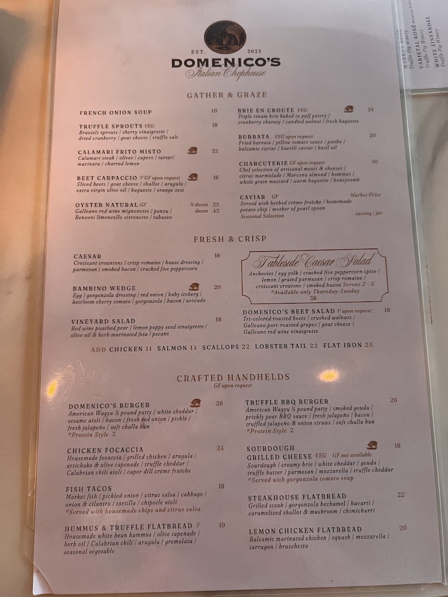 Domenico's - Italian Chophouse @ Truffle Pig Winery menu board