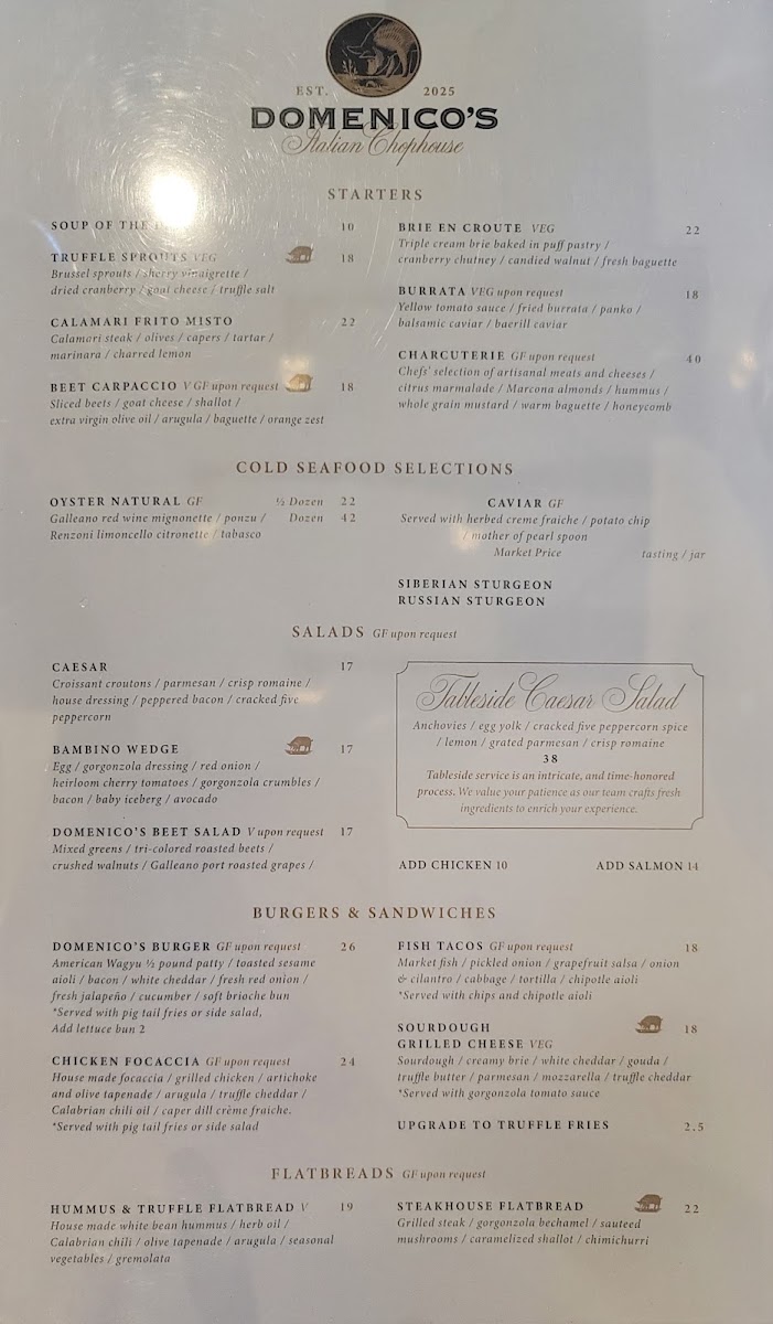 Domenico's - Italian Chophouse @ Truffle Pig Winery menu board