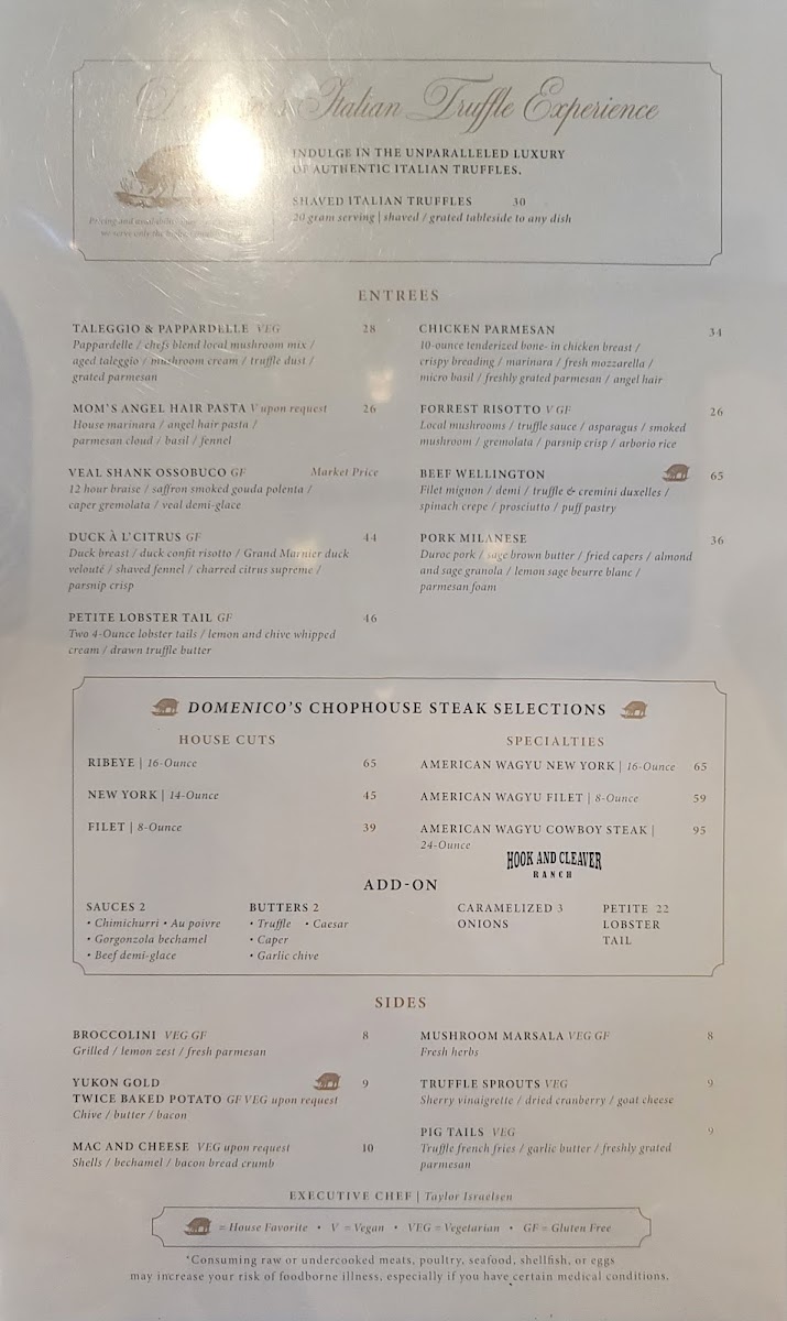 Domenico's - Italian Chophouse @ Truffle Pig Winery menu board