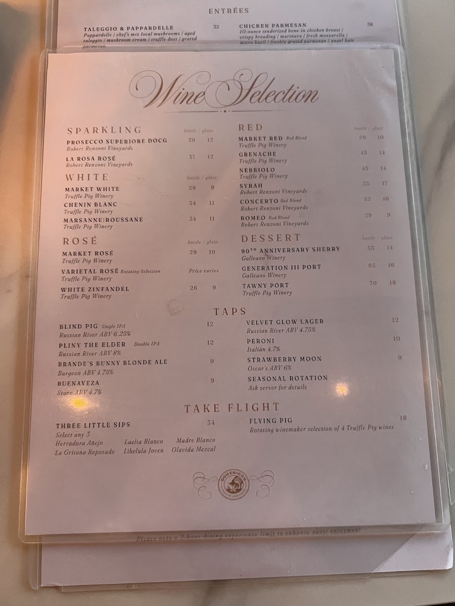 Domenico's - Italian Chophouse @ Truffle Pig Winery menu board