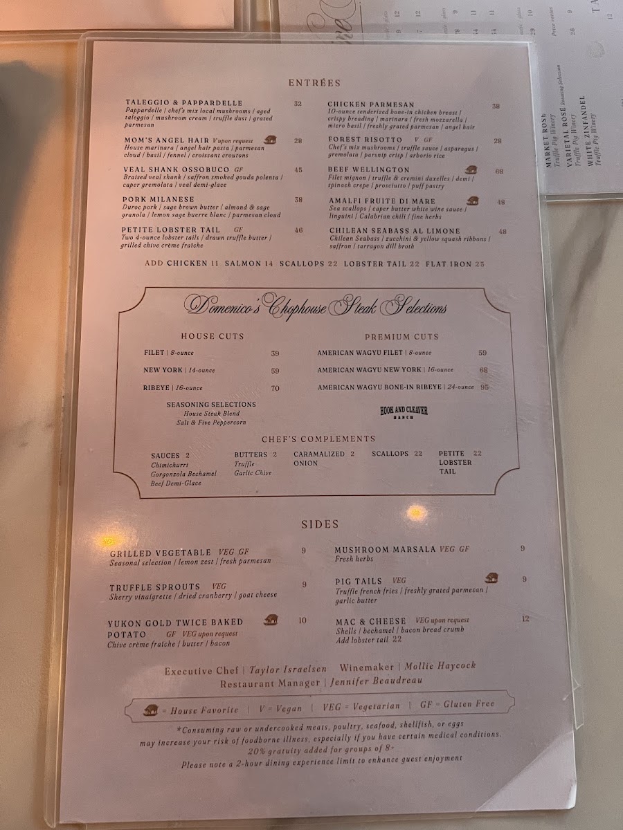 Domenico's - Italian Chophouse @ Truffle Pig Winery menu board
