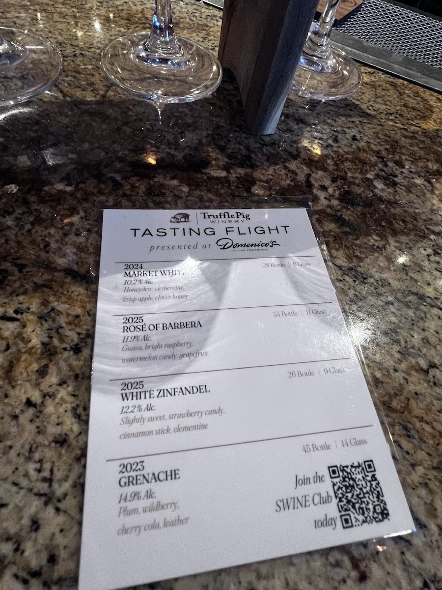 Domenico's - Italian Chophouse @ Truffle Pig Winery menu board