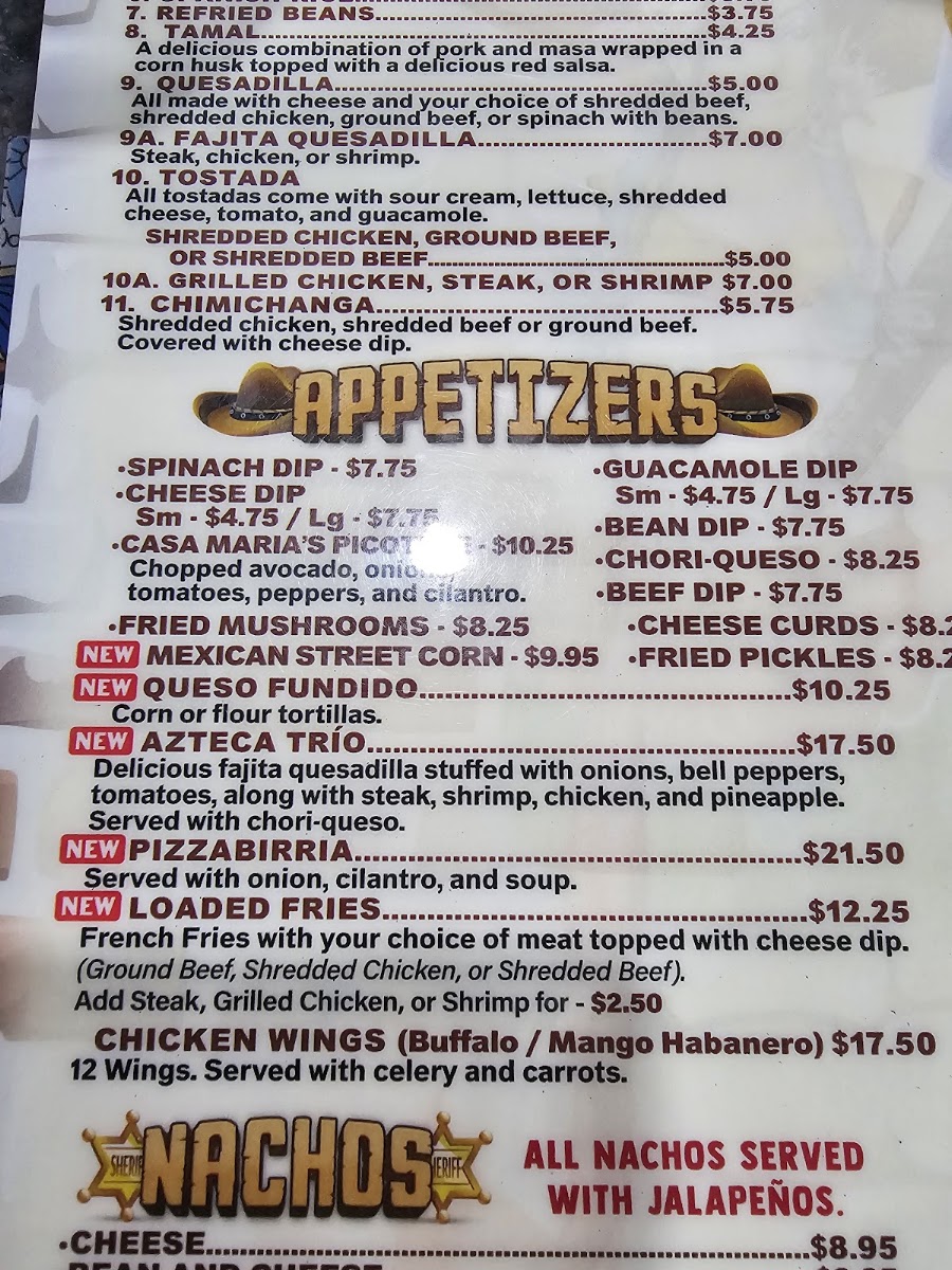 Casa Maria's mexican Bar and Grill menu board