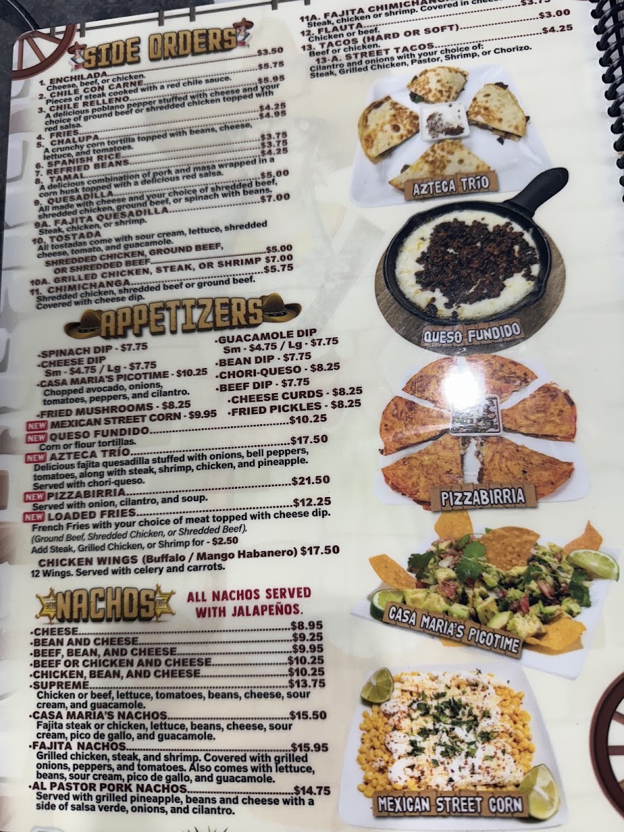 Casa Maria's mexican Bar and Grill menu board