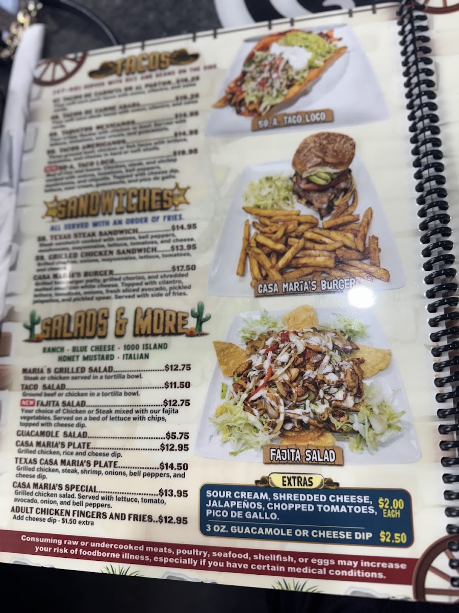 Casa Maria's mexican Bar and Grill menu board