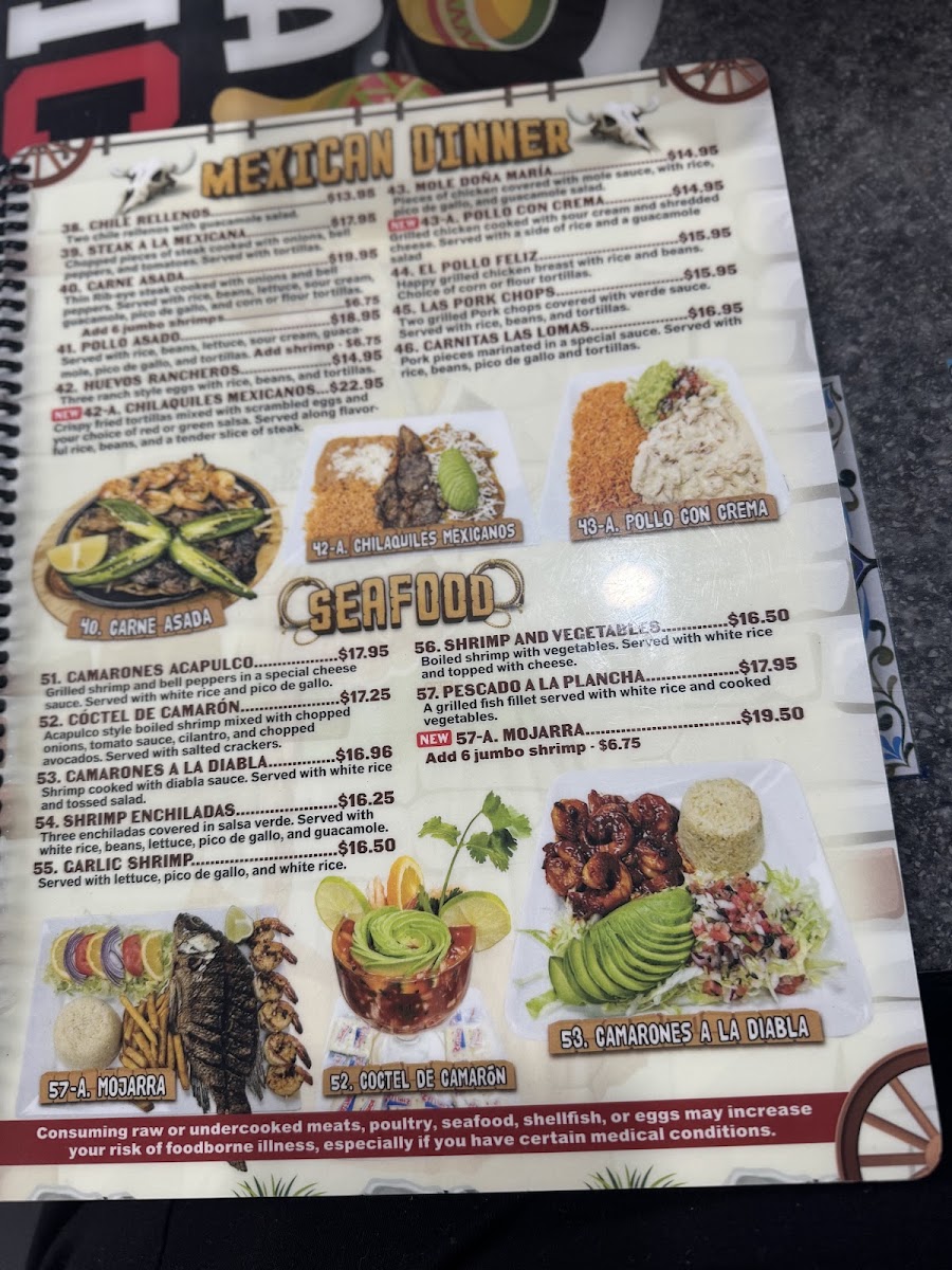 Casa Maria's mexican Bar and Grill menu board