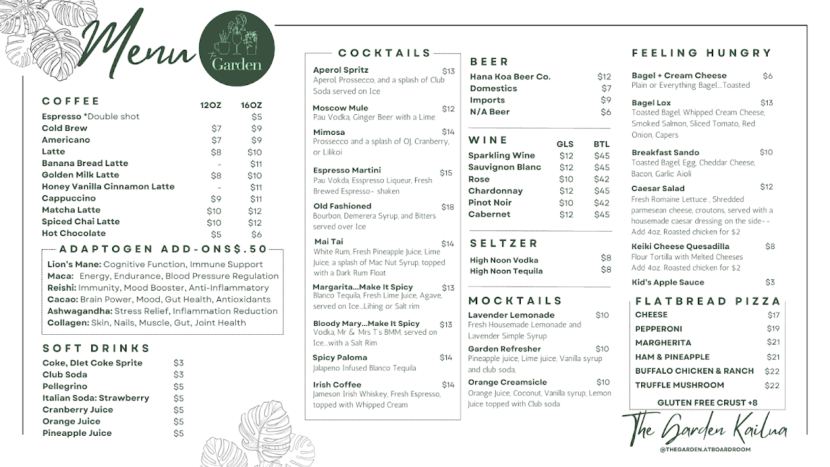 The Garden at Boardroom menu board