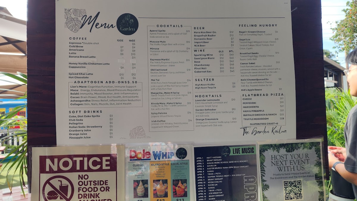 The Garden at Boardroom menu board