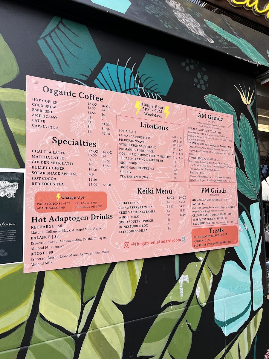 The Garden at Boardroom menu board