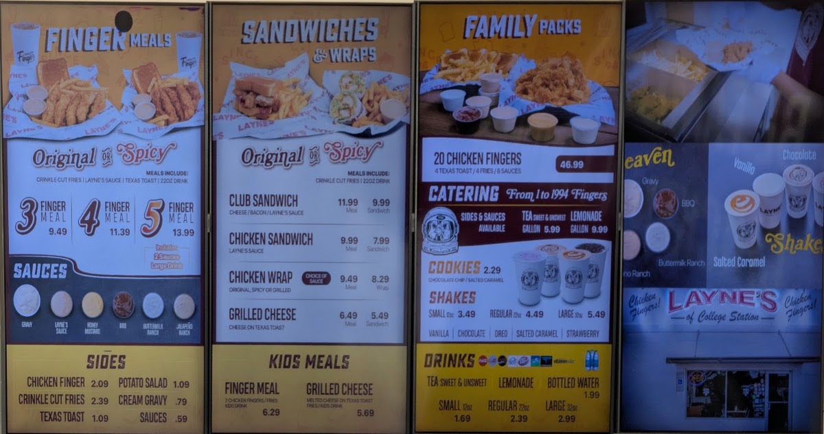 Layne's Chicken Fingers- Lewisville menu board