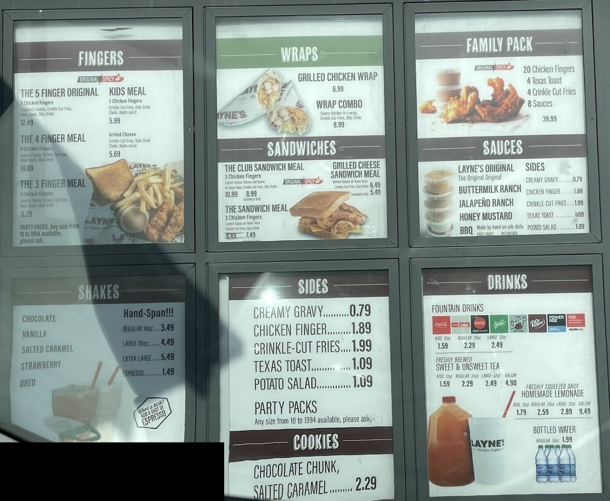 Layne's Chicken Fingers- Lewisville menu board