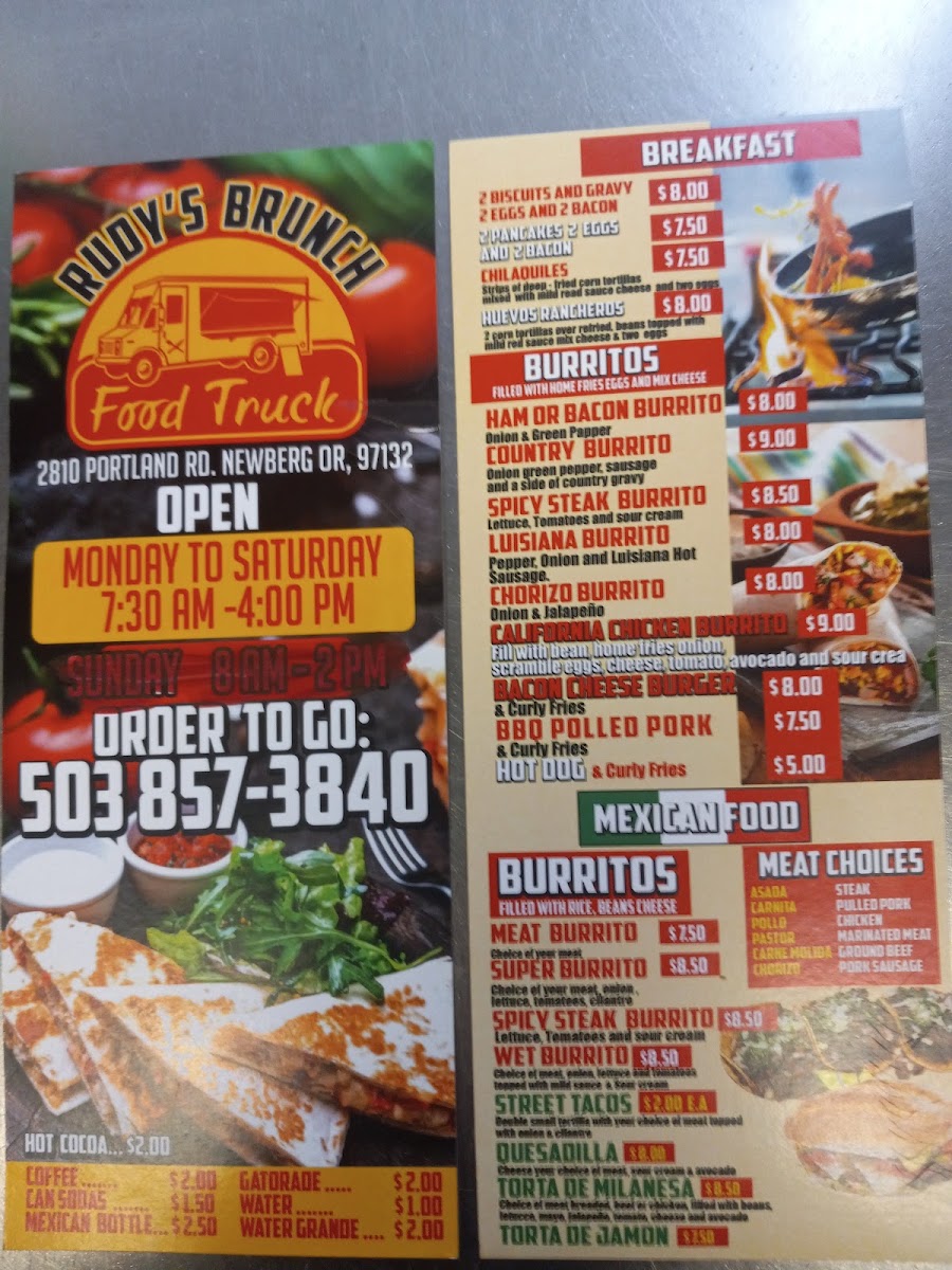 Rudy's Brunch Breakfast & Lunch Food Truck menu board