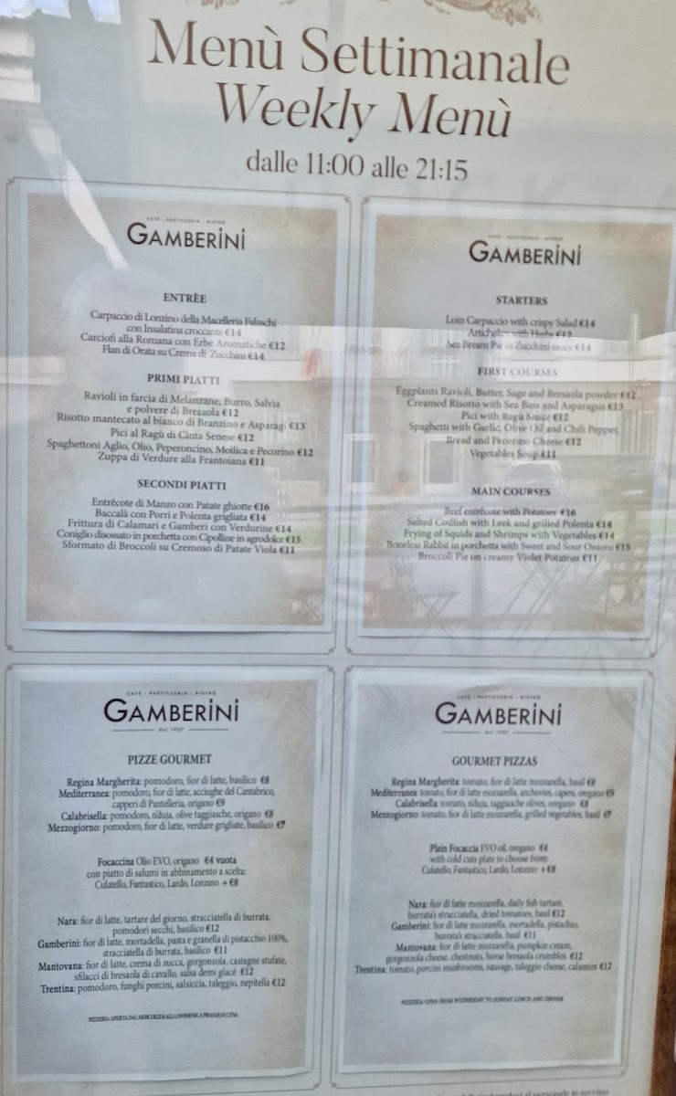 Café Pasticceria Gamberini menu board