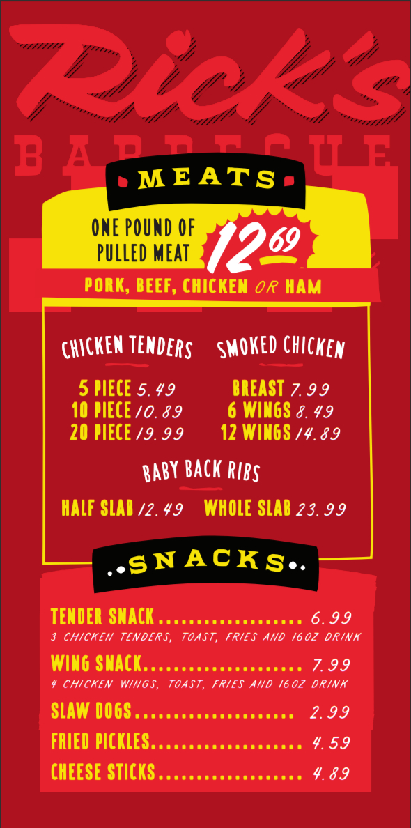 Rick's Barbecue menu board