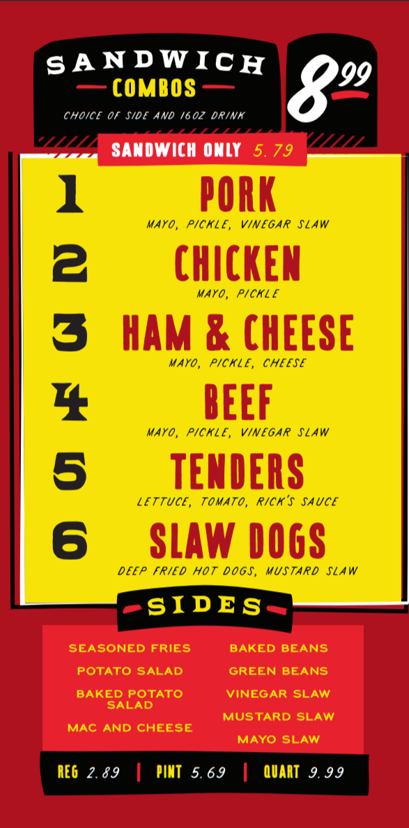 Rick's Barbecue menu board