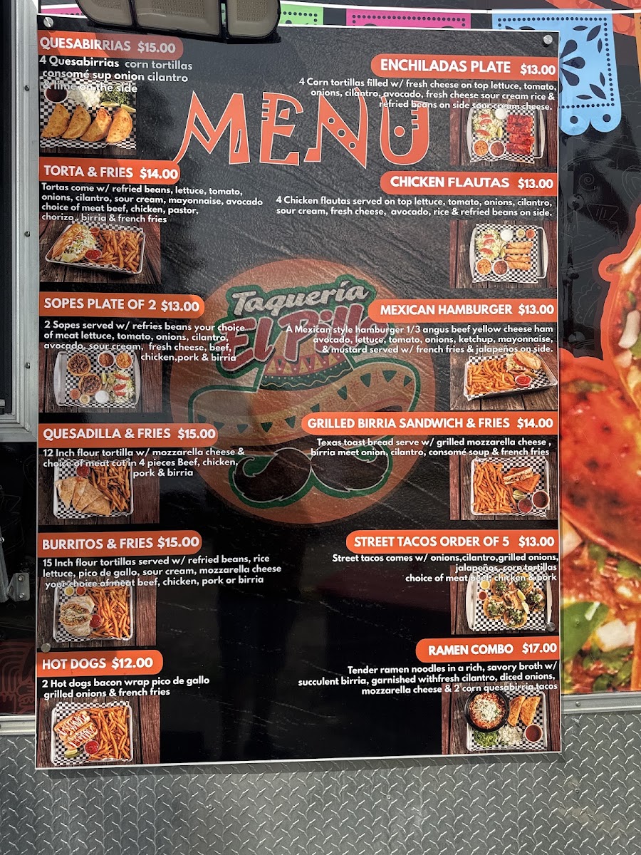 Taqueria EL PILLO menu board