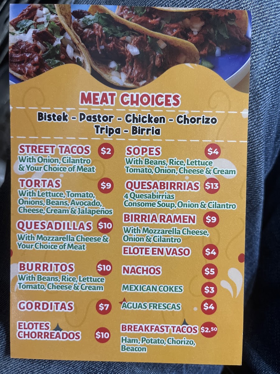 Taqueria EL PILLO menu board
