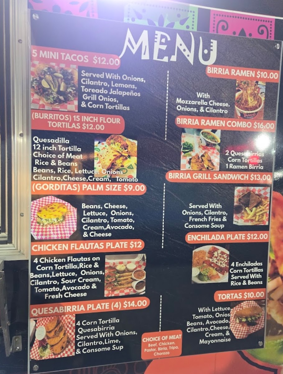 Taqueria EL PILLO menu board