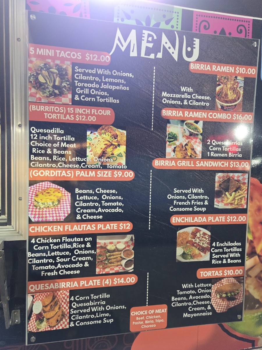 Taqueria EL PILLO menu board