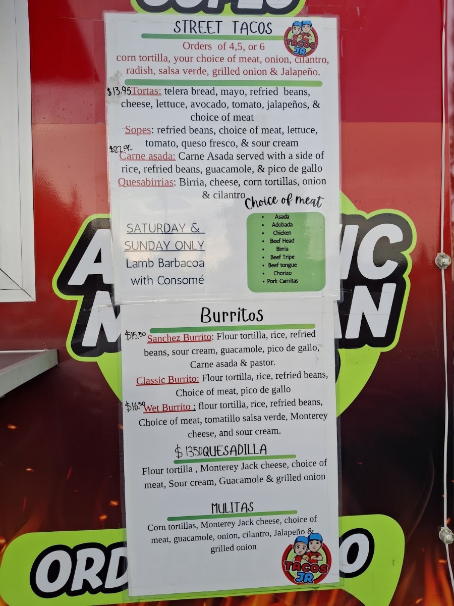 Tacos Jrs menu board