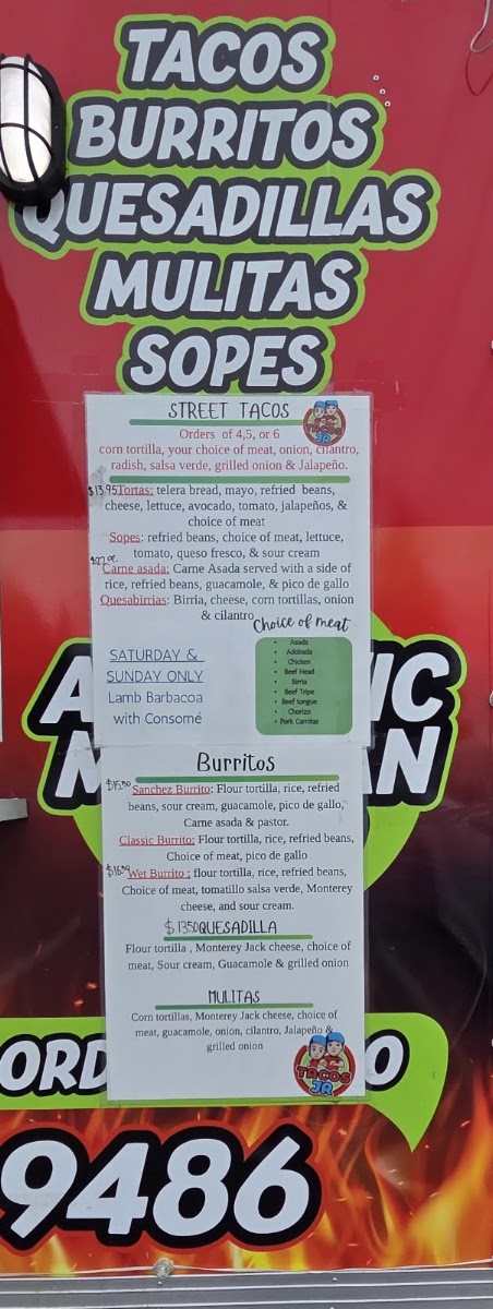 Tacos Jrs menu board
