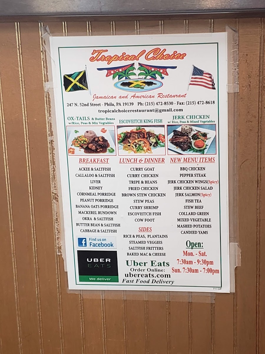 Tropical Choice Jamaican & Americian Restaurant menu board
