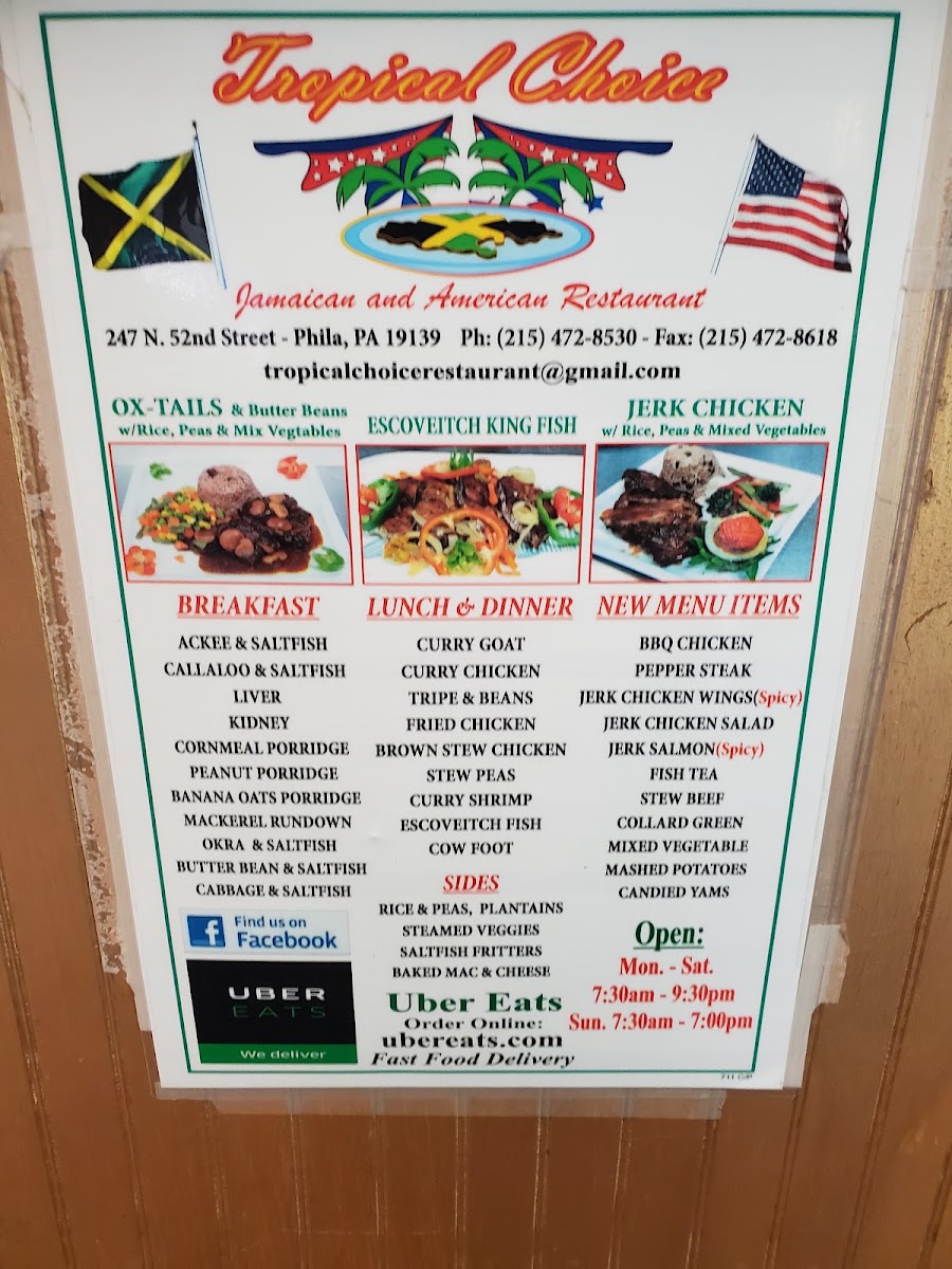 Tropical Choice Jamaican & Americian Restaurant menu board