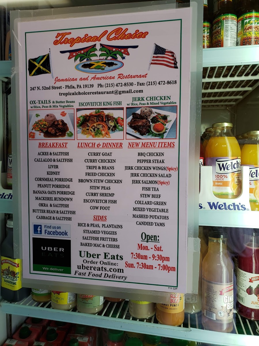 Tropical Choice Jamaican & Americian Restaurant menu board