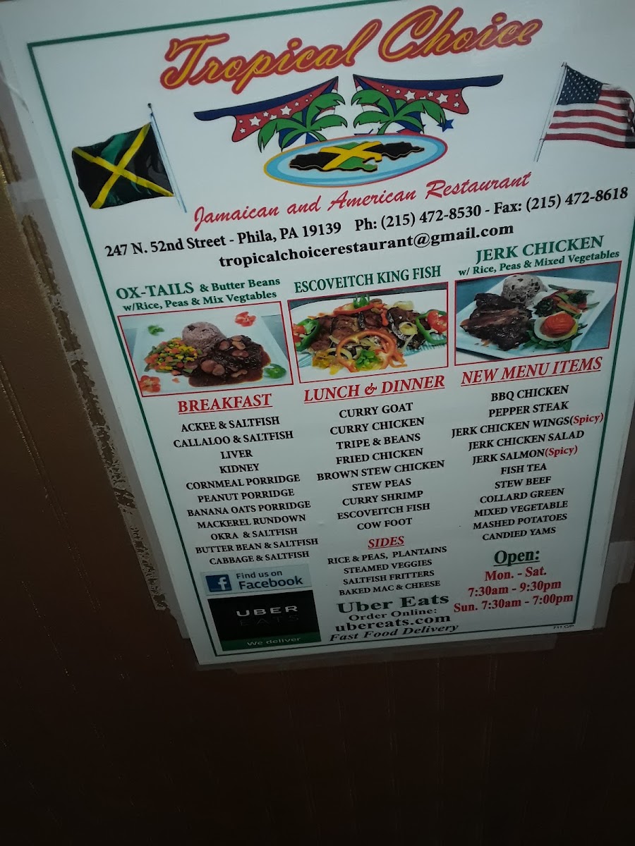 Tropical Choice Jamaican & Americian Restaurant menu board