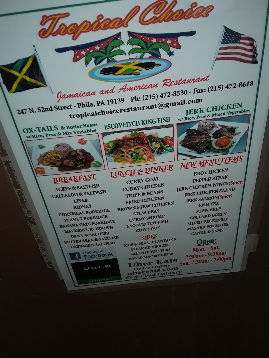 Tropical Choice Jamaican & Americian Restaurant menu board