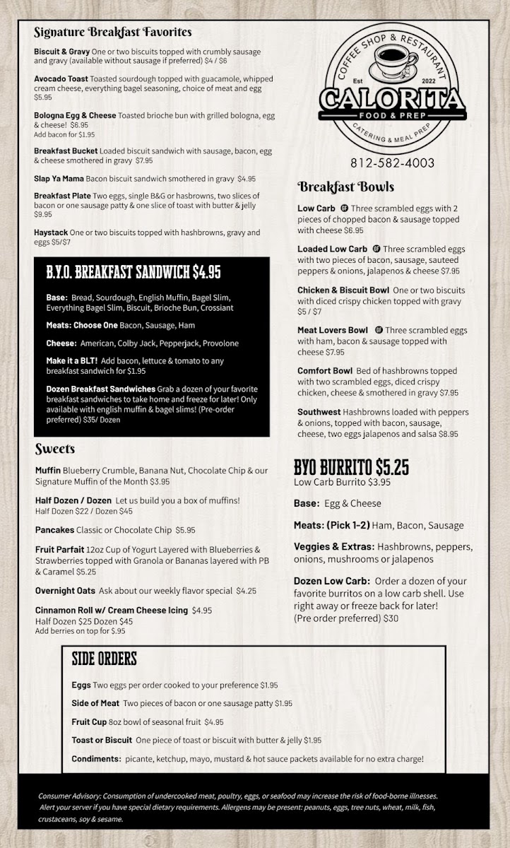 Calorita Food & Prep menu board