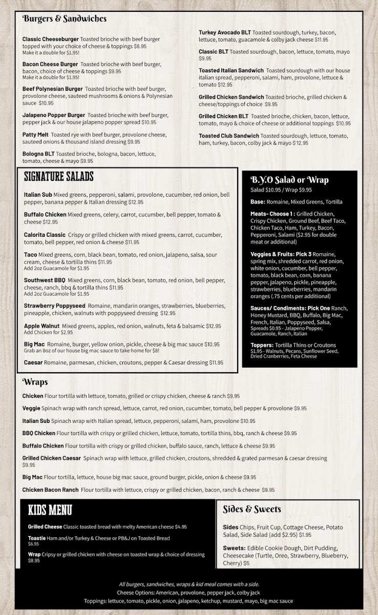 Calorita Food & Prep menu board