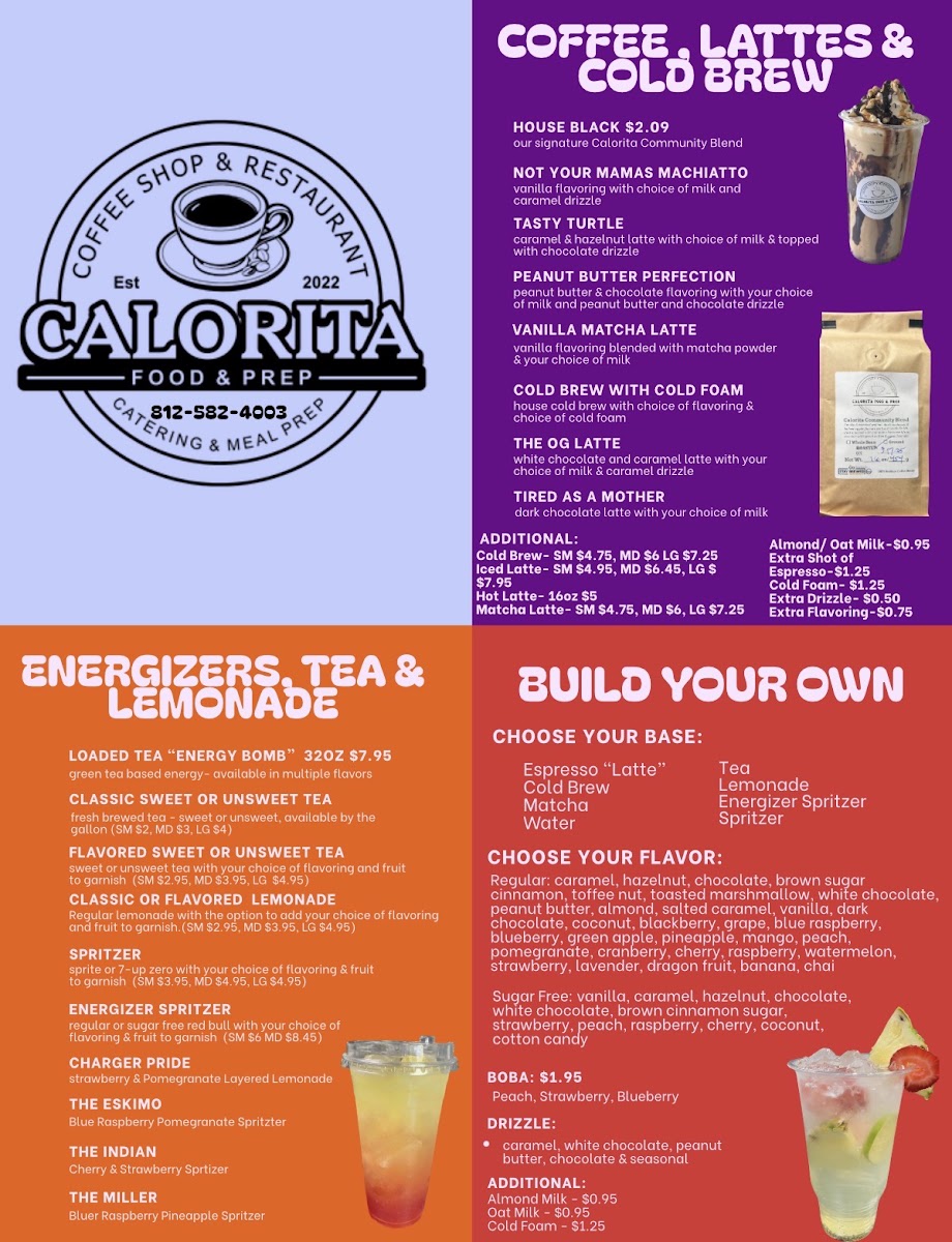 Calorita Food & Prep menu board