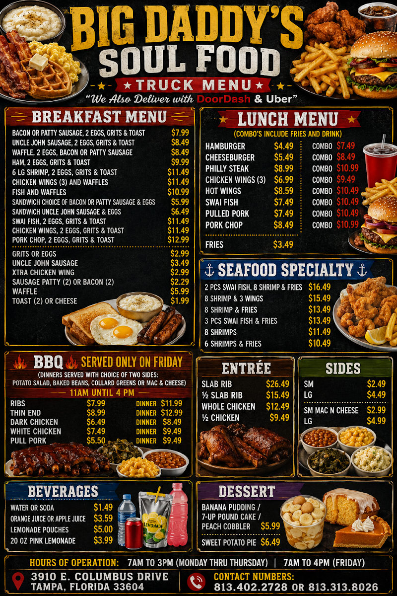 Big Daddy's Soul Food Truck menu board