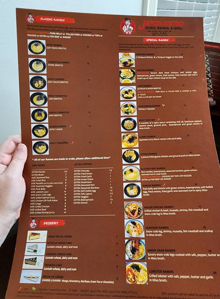 Japon Bistro menu board