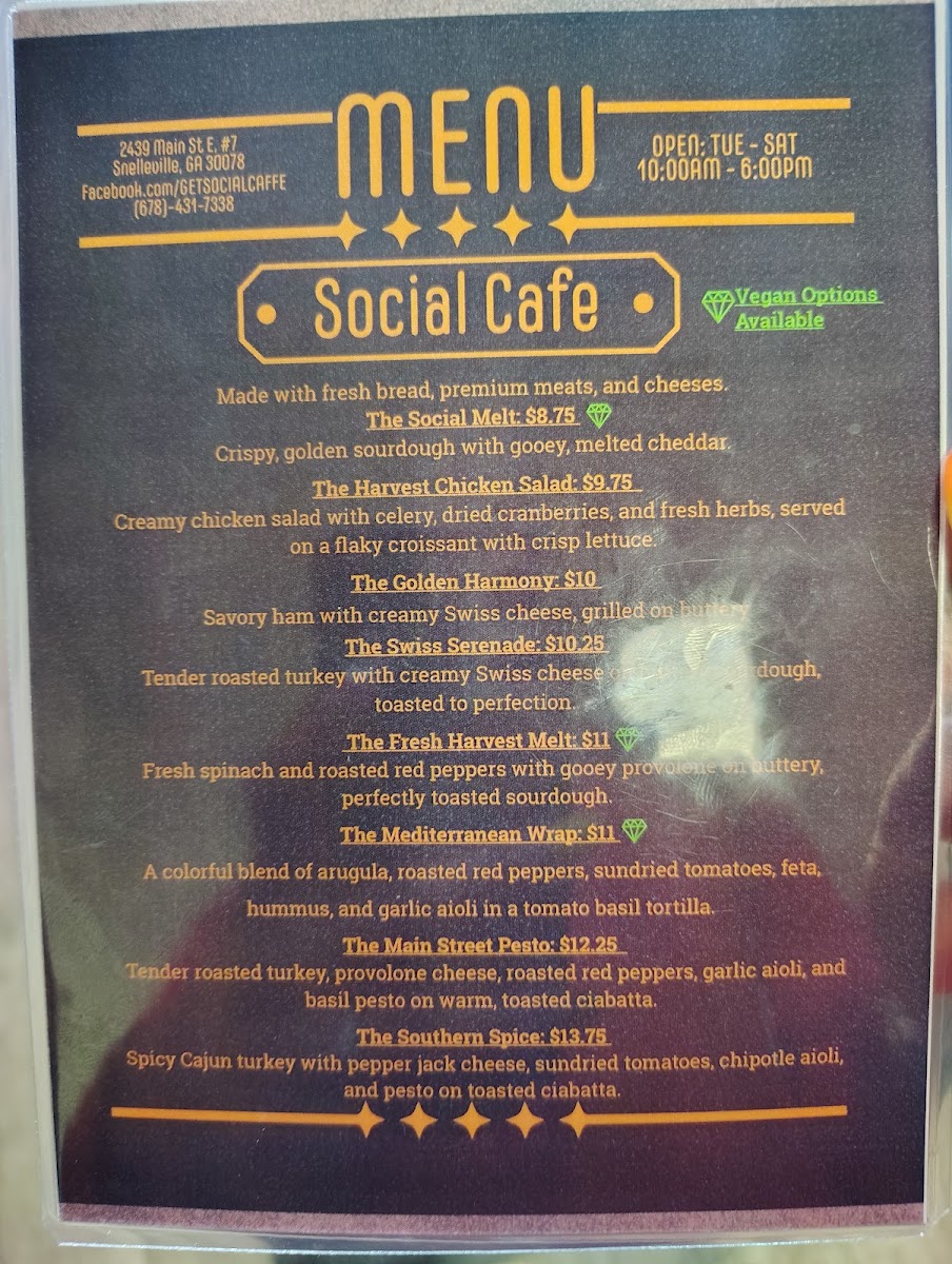 Social Cafe menu board