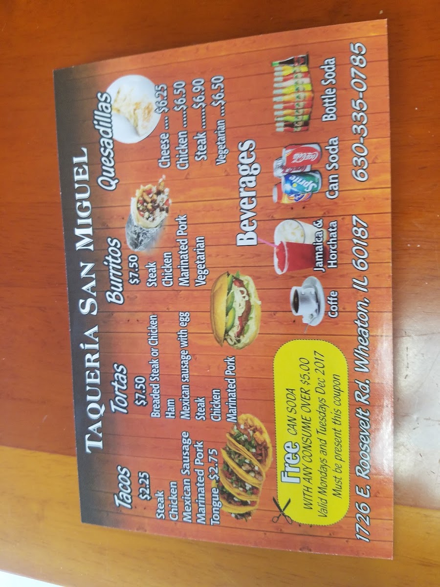 Taqueria San Miguel menu board
