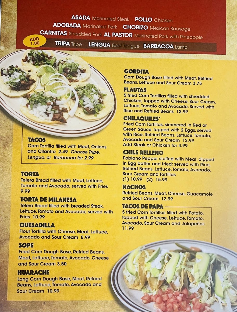 La Tapatia Mexican Grill menu board