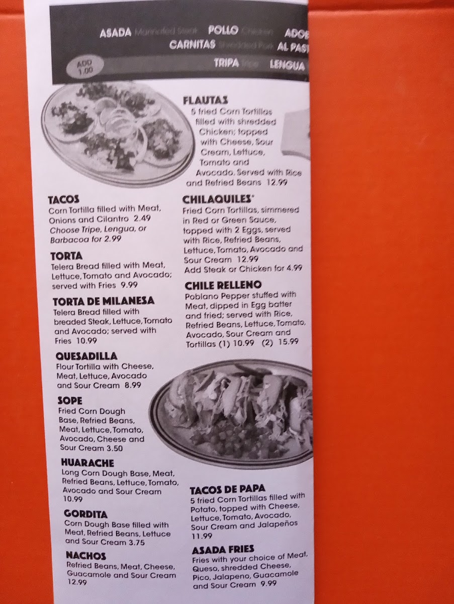 La Tapatia Mexican Grill menu board