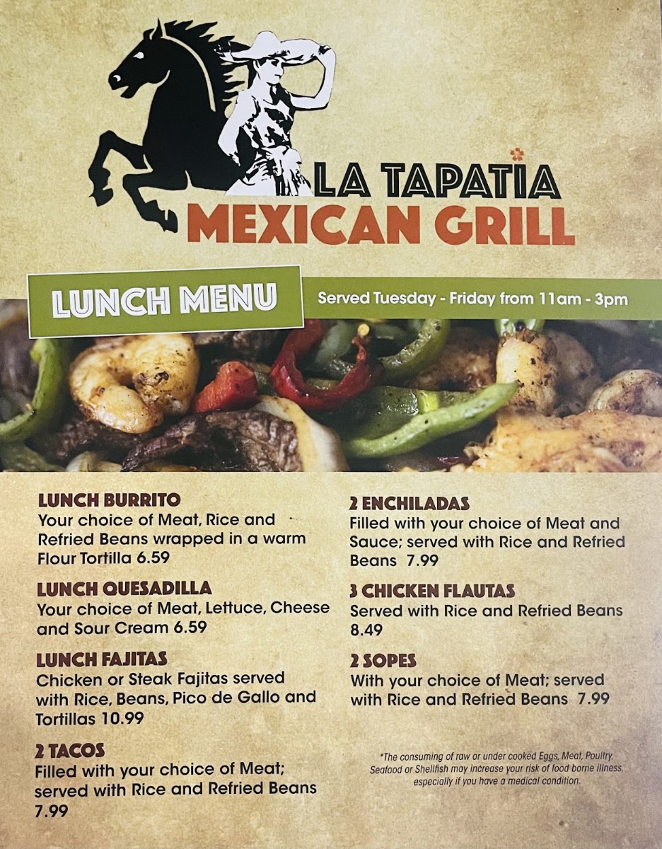 La Tapatia Mexican Grill menu board