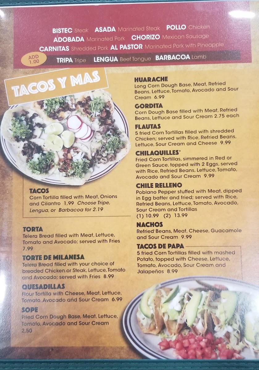 La Tapatia Mexican Grill menu board
