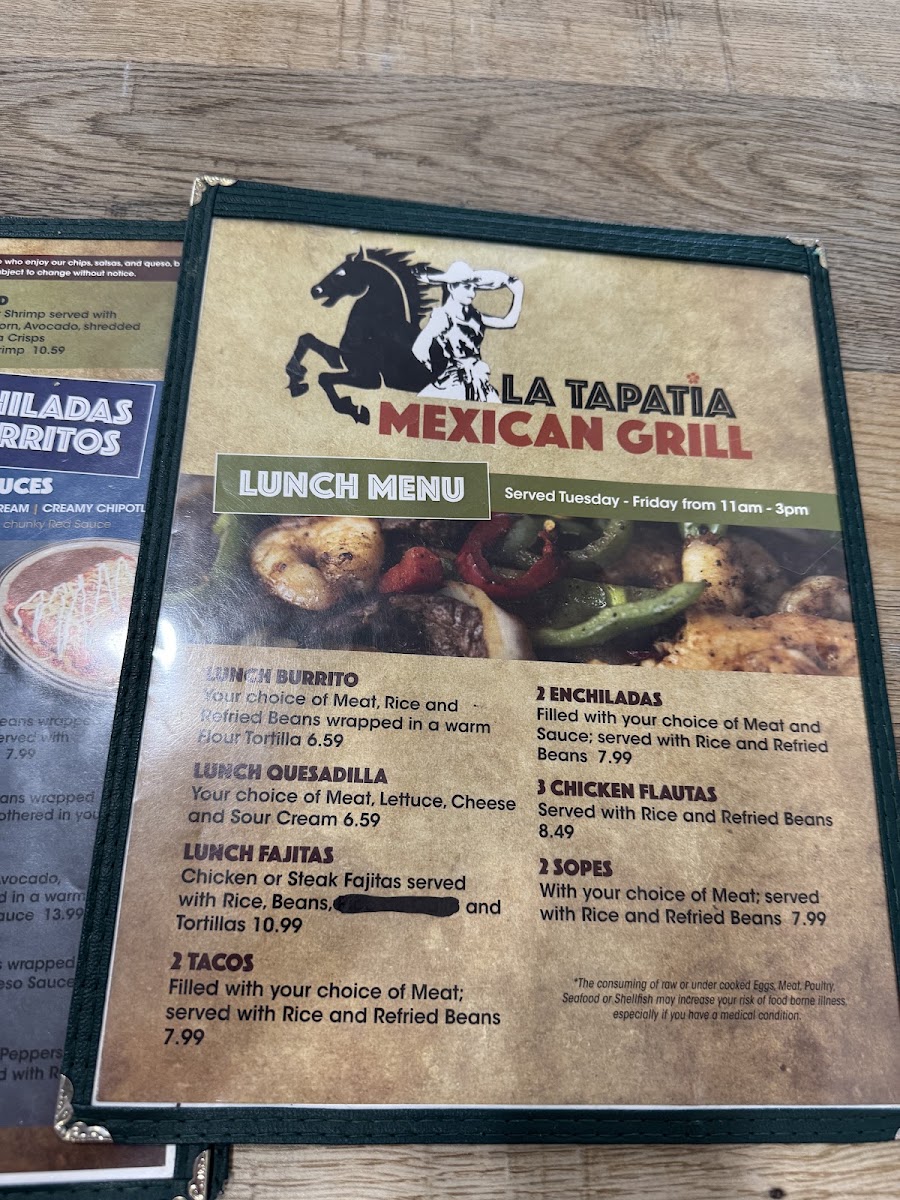 La Tapatia Mexican Grill menu board
