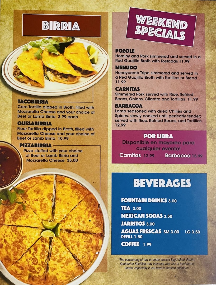 La Tapatia Mexican Grill menu board