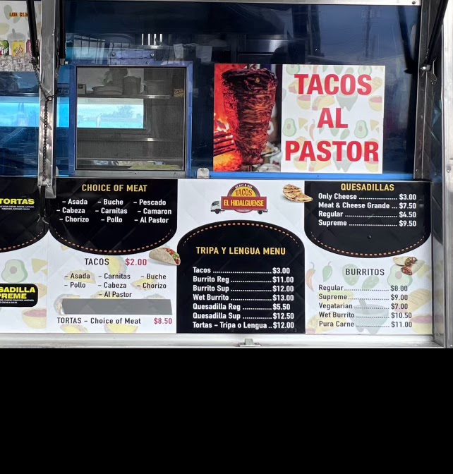 Tacos El Hidalguense #5 menu board
