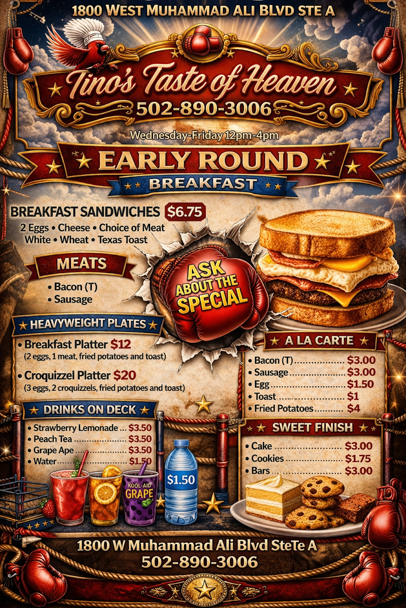 Tinos Taste of Heaven menu board