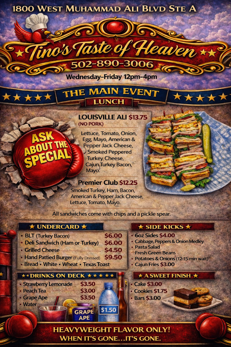 Tinos Taste of Heaven menu board
