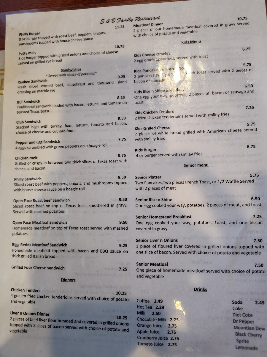 E & B Family Restaurant menu board