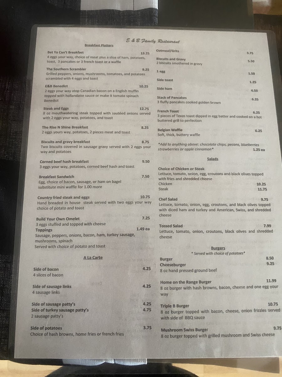 E & B Family Restaurant menu board