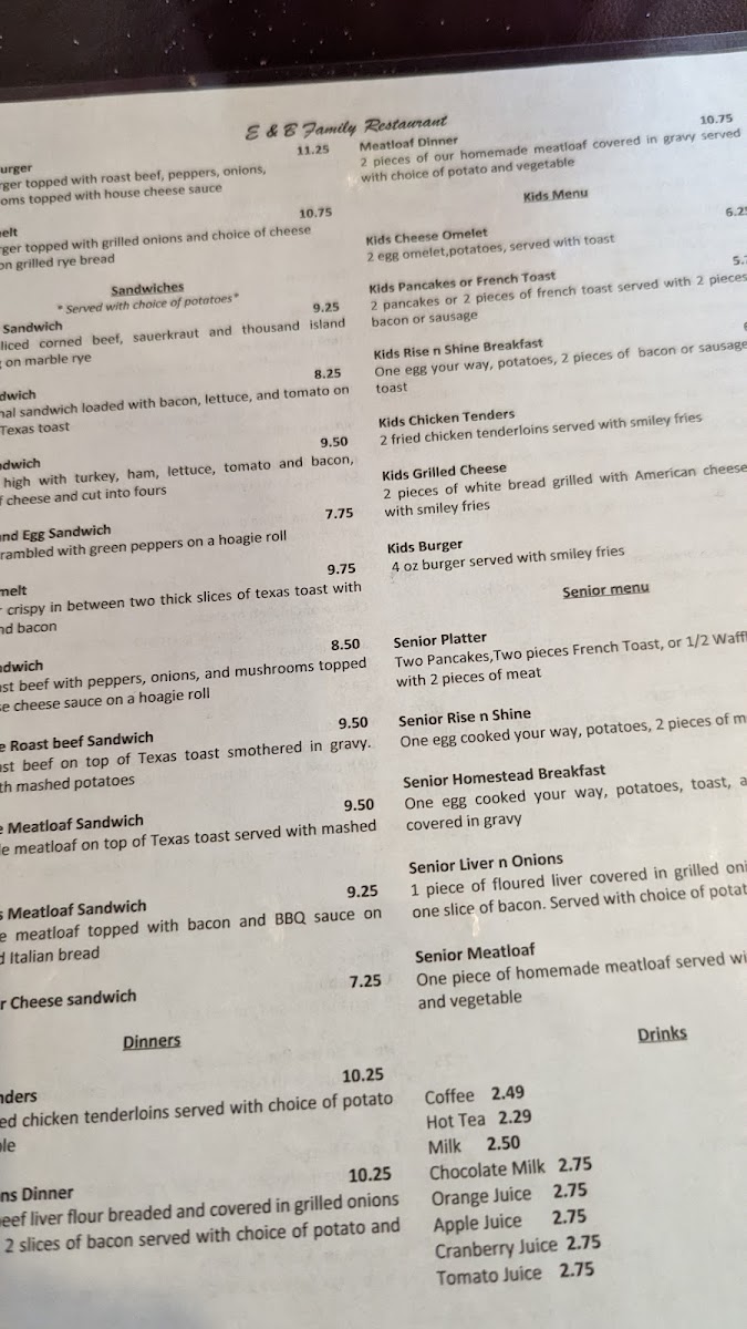 E & B Family Restaurant menu board