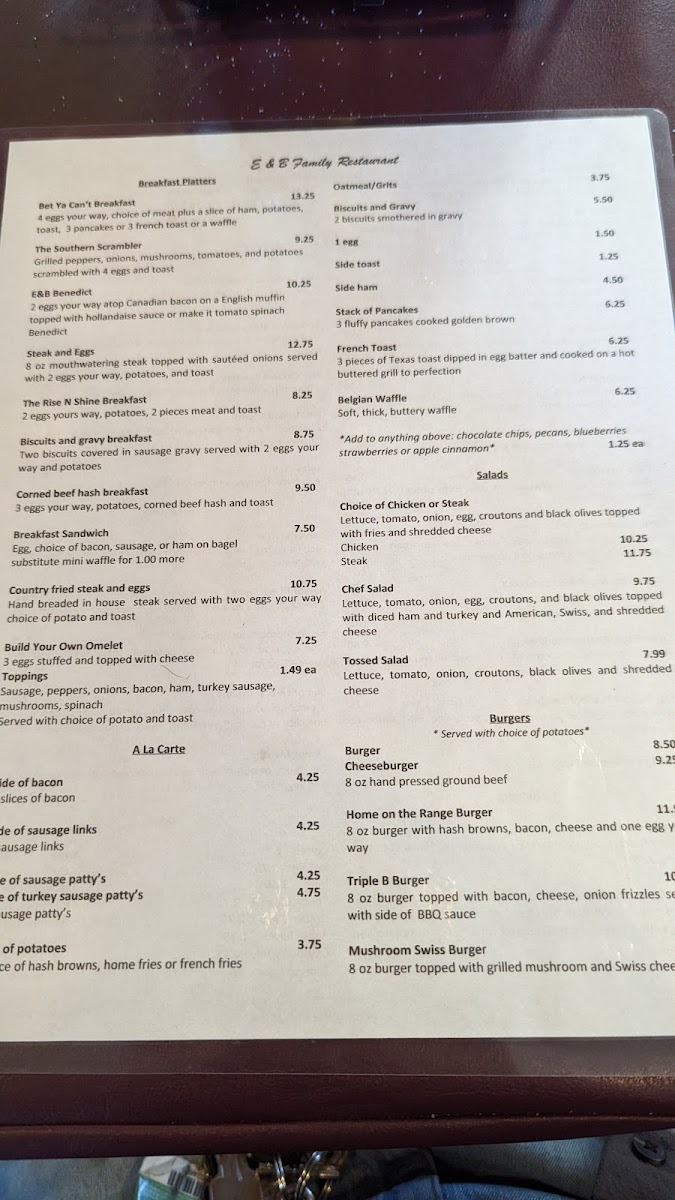 E & B Family Restaurant menu board